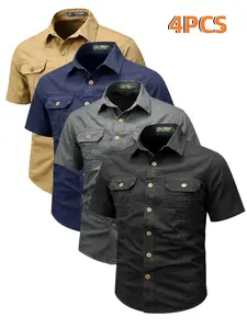 4pcs Men's Tactical Cargo Shirt, Vintage Military Style, Double Chest Pockets, Breathable Short Sleeve, Outdoor Hiking Daily Wear
