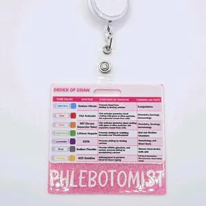 Pink Phlebotomist Badge Buddy Work ID Holder Horizontal Order of Draw                     Badge Reel Not Included