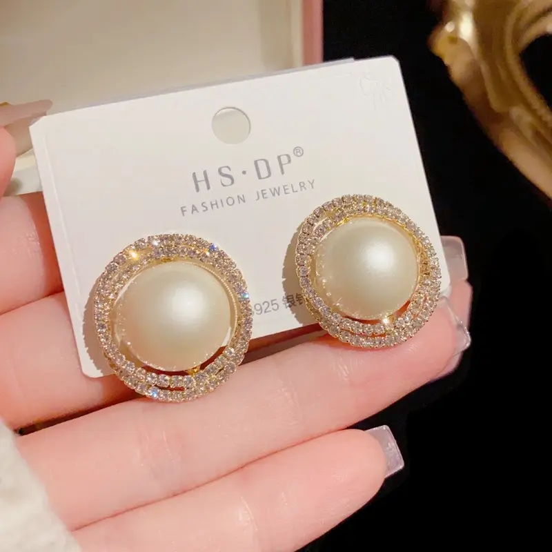 Pearl Stud Earrings, Big Pearl Earrings for Women, Cubic Zirconia/Rhinestone/Twisted Gold Stud Jewelry