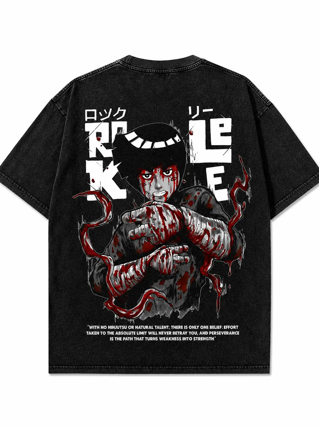 Menswear Naruto Rock Lee Vintage Washed 100% Cotton Oversized Round Neck T-Shirt & Hoodie, Double-Sided Printed Unisex Taijutsu Fighter Streetwear Graphic Top, Loose Fit All-Seasons Anime Merch, Shortsleeve