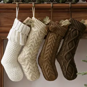 Country Knit Christmas Stockings: 3/4pcs 18 Inch Rustic Neutral Braided Knit Fireplace Stockings, Comfortable Hanging Christmas Stocking Decor, Suitable for Home Holiday Decor, Earth Tones Ornaments Decoration
