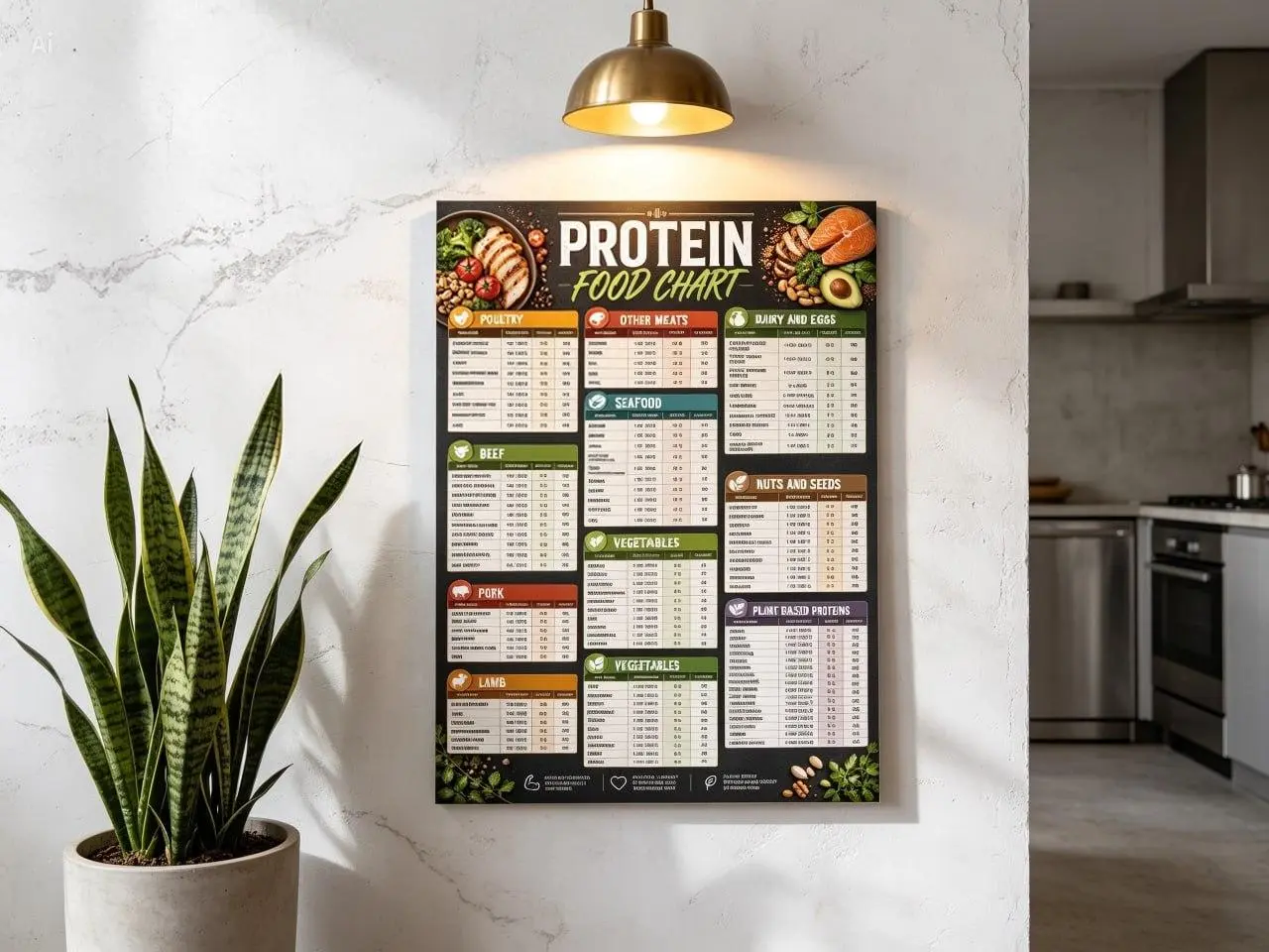 Protein Food Chart Poster High Protein Foods Nutrition Guide Wall Art Healthy Eating Educational Print Protein Sources Meat Seafood Dairy Eggs Nuts Seeds Plant Based Foods Fitness Gym Kitchen Decor Dietitian Classroom Health Infographic Meal Planning