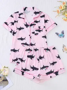 Women's 2-Piece Shark Print Pajama Set Short Sleeve Button Shirt Stretchy Shorts Party Sleepwear Loungewear Satin pajama sets women