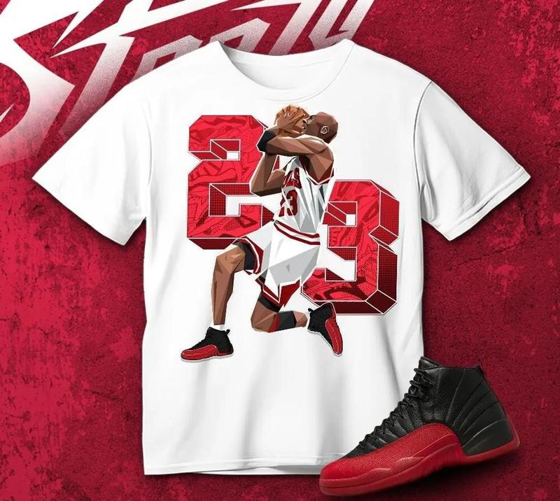 Unisex T-shirt to match Jordan 12 Flu Game Red Black White - Number 23 MJ. 100% Cotton for Casual Wear. Comfortable Summer Unisex T-Shirt to match Jordan Sneaker. Streetwear Style. urban outfitters