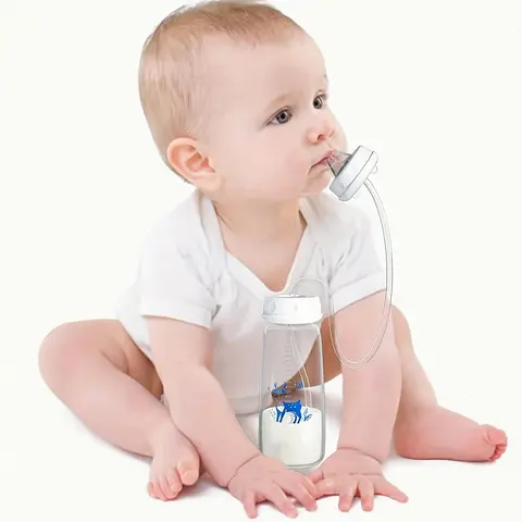 8oz/240ml Cute Cartoon Deer Pattern Newborn Baby Bottle with Straw Brush, Hands-Free Feeding Bottle, Baby Feeding Accessory, Newborn Bottles