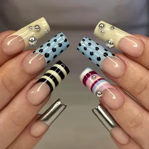 A11 Mixed Pattern Press-On Nails, Polka Dot and Stripe Design with Silver Bead Accents, Trendy Y2K Style, Everyday Nails, Gift for Her
