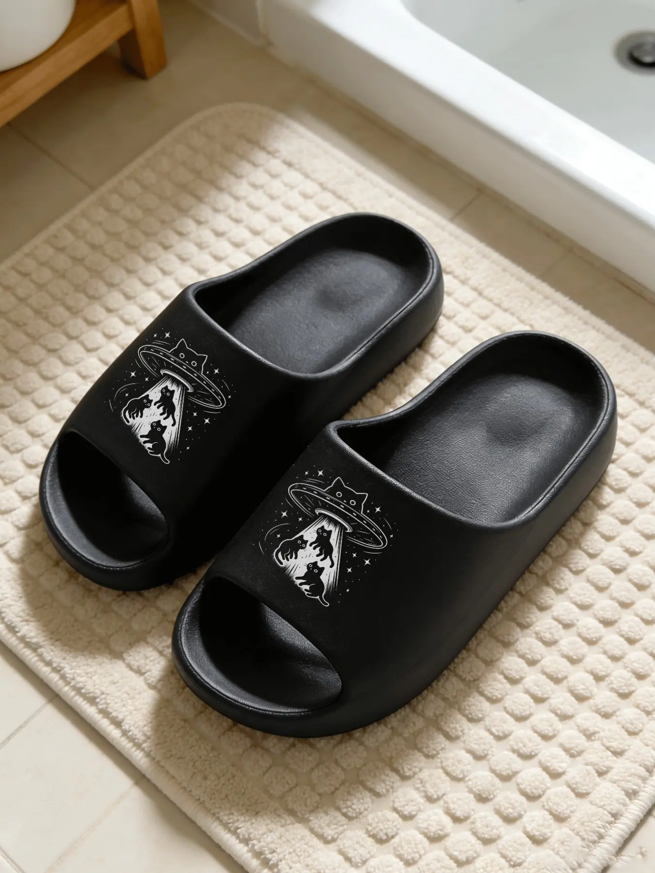 Fun UFO Cat Print Cloud-Feel Whimsical Space Vibe Style Pet Lovers Must-Have Gift Non-slip Soft Indoor Outdoor Slide Sandals