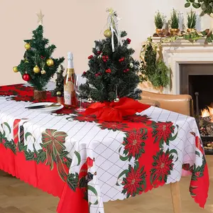 Rectangle Christmas Tablecloth Red Table Cover Large Washable Bell Printed Holiday Decor for Indoor Outdoor Dining and Party Supplies