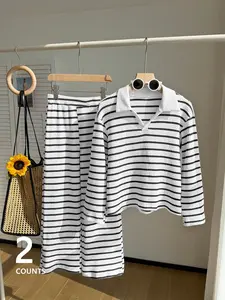 Women's Striped Waffle Two-Piece Set (shirt + Wide Leg Pants), Casual Style, Comfortable Fit, Perfect for Streetwear