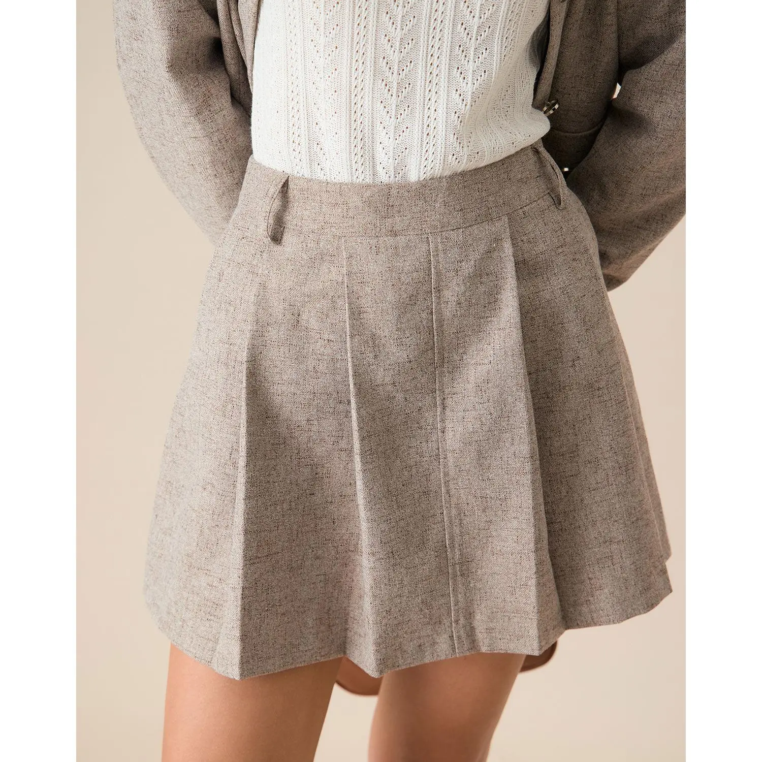 RIHOAS Women's Cotton Blend Pleated A-Line Mini Skirt with Pockets - Khaki Casual Office Wear