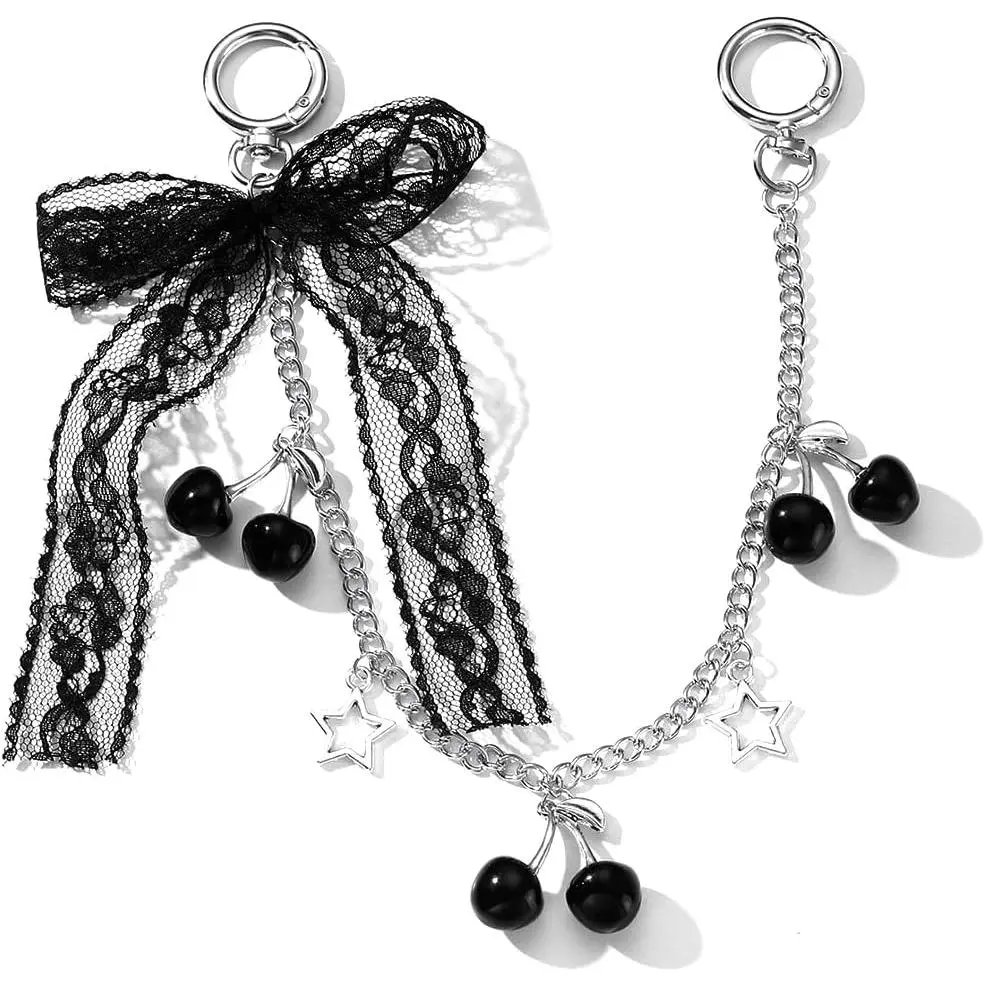 Women's Cute Cherry Bag Charm - Durable Metal Keychain with Bow, Star Pendants, Clip-On Accessory for Handbags, Wallets, Handbag Charms, Bow & Cherries, Elegant, Everyday Accessory, Multi-Use Clip, Gift-Giving, Purse Chain Charm