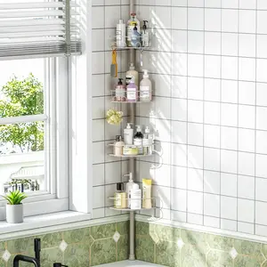 Corner Shower Caddy Tension Pole – 4 Tier Bathroom Storage Rack with Hidden Hooks & No Drill Installation