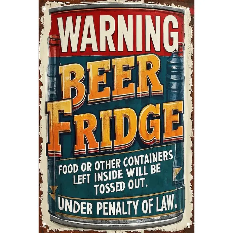 Vintage Beer Fridge Metal Sign - Funny Bar Man Cave Decor with Warning Beer Fridge Text Retro Metal Wall Art for Home Bar or Man Cave Durable Metal Construction Home Decor, Gift, Tin