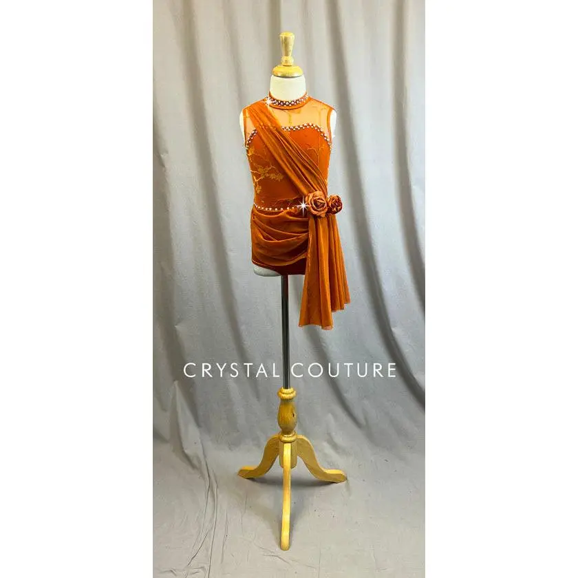 Burnt Orange Mock Neck Leotard with Mesh Draping and Side Skirt - Rhinestones