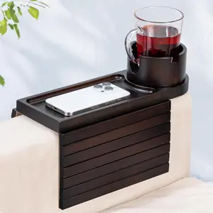 Couch Cup Holder for Armrests Over 4.9" Wide, Bamboo Couch Arm Tray with 360° Rotating Phone Stand, 3 in 1 Foldable Sofa Arm Tray Table for Remote, Snacks, Phone, Drinks Walnut