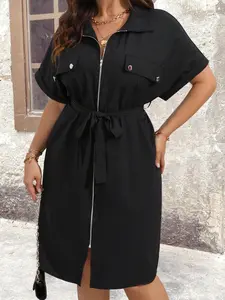 【Plus Size】 Solid Zip Up Lapel Neck Dress, Elegant Fashion Casual Short Sleeve Dress for Daily Outdoor Wear, Women Plus Clothing for Summer