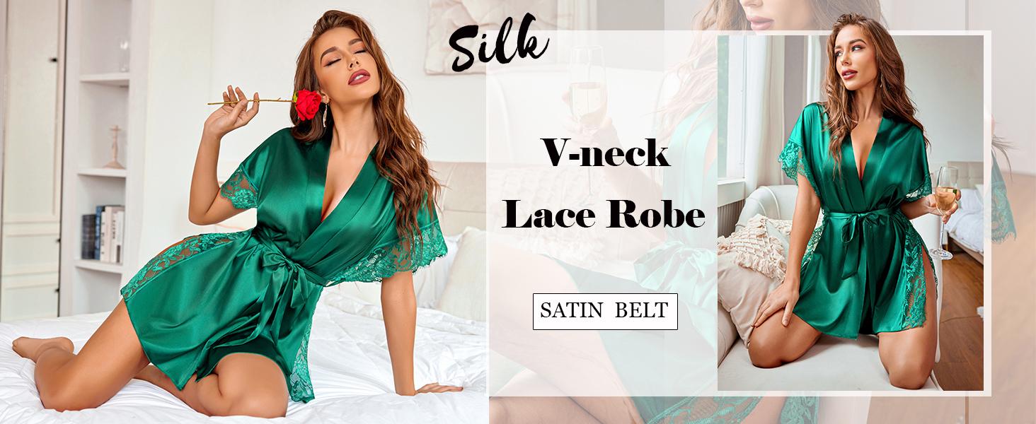 Avidlove Women Lingerie Robe Satin Sleepwear Eyelash Lace Kimono Side Split Sexy Silk Robes