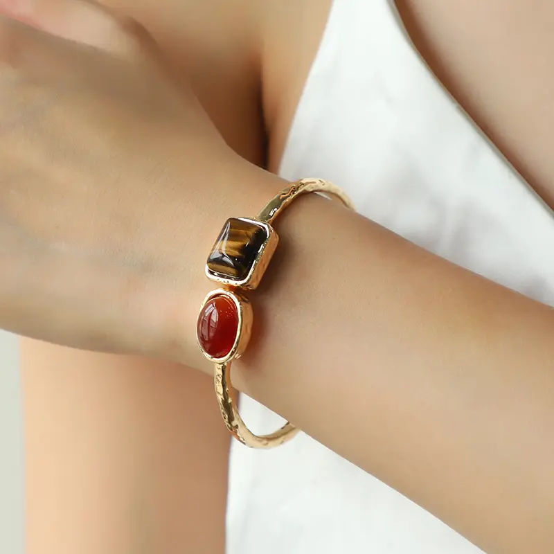 Women Gold Plated Hammered Cuff Bangle Bracelet, Natural Tiger Eye & Red Agate Stone Open Cuff Bracelet, Boho Statement Bracelet for Daily Wear Holiday Gift for Her