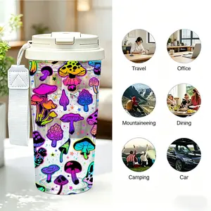 17oz 500ML Colorful Mushroom Printed Plastic Coffee Cup with Double Drinking Openings and Straps, Heat-Resistant, Stylish Travel Mug, Perfect Gift for Birthdays Holidays and Back to School