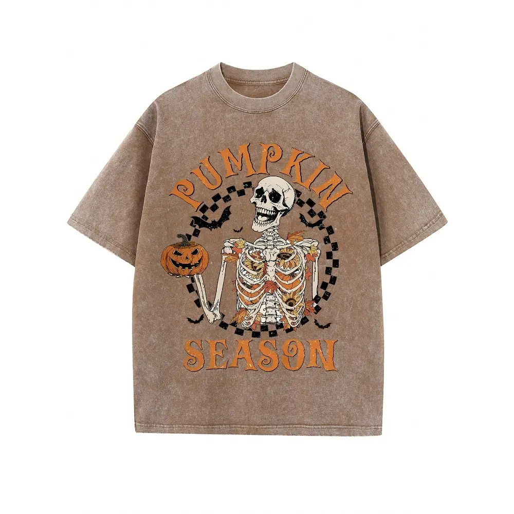 Pumpkin Season Skeleton Sunflower Vintage Washed T-Shirt – Oversized Jack O'Lantern Halloween Graphic Tee for Men & Women, Retro Fall Shirt, Gift for Pumpkin Lovers