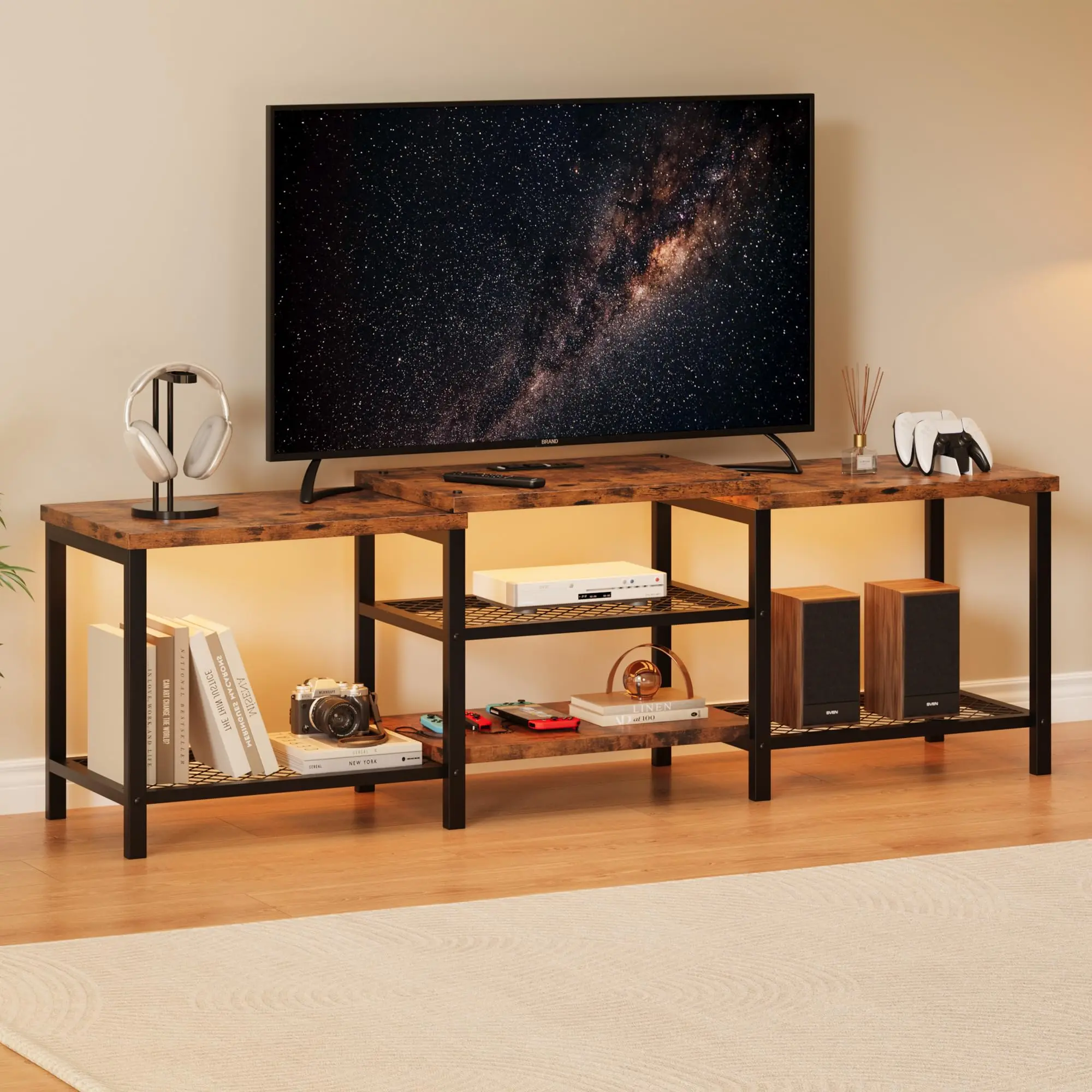 67" TV Stand with LED Lights & Power Outlets for 55–75" TVs, Large Entertainment Center with Storage