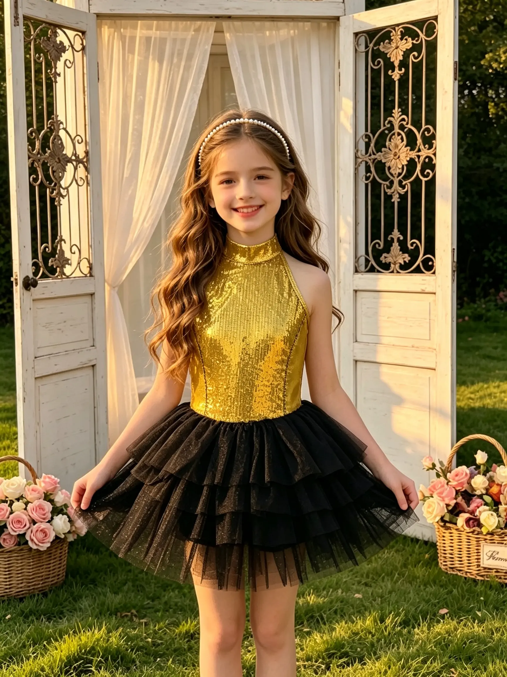 Girls Gold Sequin Halter Tutu Dress Black Layered Tulle Dance Outfit for Recital Birthday Stage Performance Dress Up