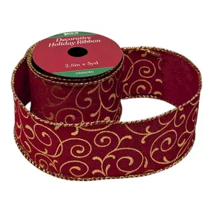 2.5" x 3 Yard Christmas Ribbon - Red Gold Scrollwork
