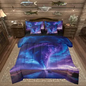 Feelyou 7-Piece Ombre Lightning Tornado Microfiber Comforter Set, Bed-in-a-Bag with Flat & Fitted Sheets for Kids & Teens, Dreamy Purple Blue Bedding Set, Microfiber Bedding Set
