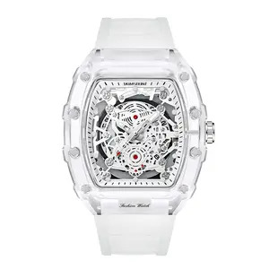 Fashion Clear Case Skeleton Watch for Men, White Strap, Casual Sport Timepiece