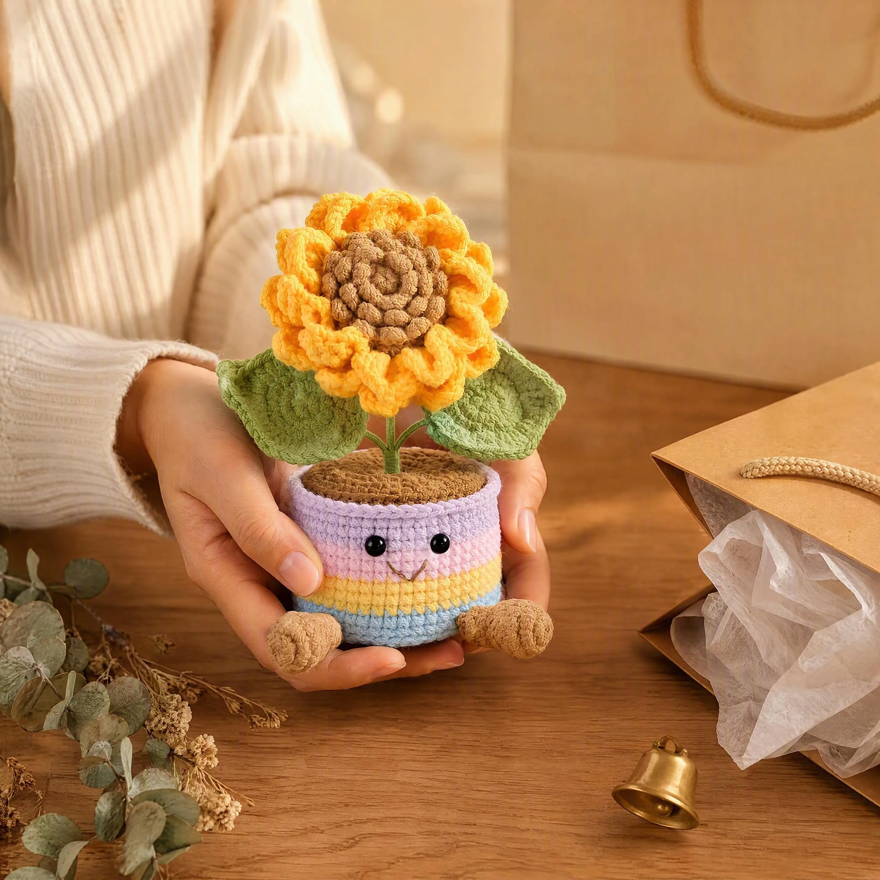 100% Hand-Woven Yarn Sunflower Mini Potted Plant - Crocheted Cotton Rainbow Smile Face Pot, Healing Vibe Everlasting Bloom Home Decor Tabletop Ornament for Office Desk, Thoughtful Gift for Friends