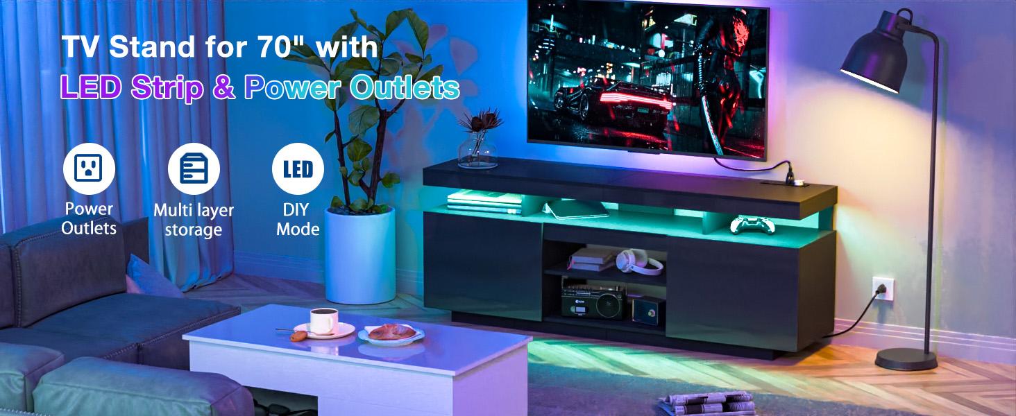 HOMMPA 75 Inch LED TV Stand, Modern Tall Entertainment Center with Power Outlets for Living Room, Bedroom, High Gloss Black TV Console with Storage, Gaming Media Cabinet for 75/70/65/55 Inch TVs