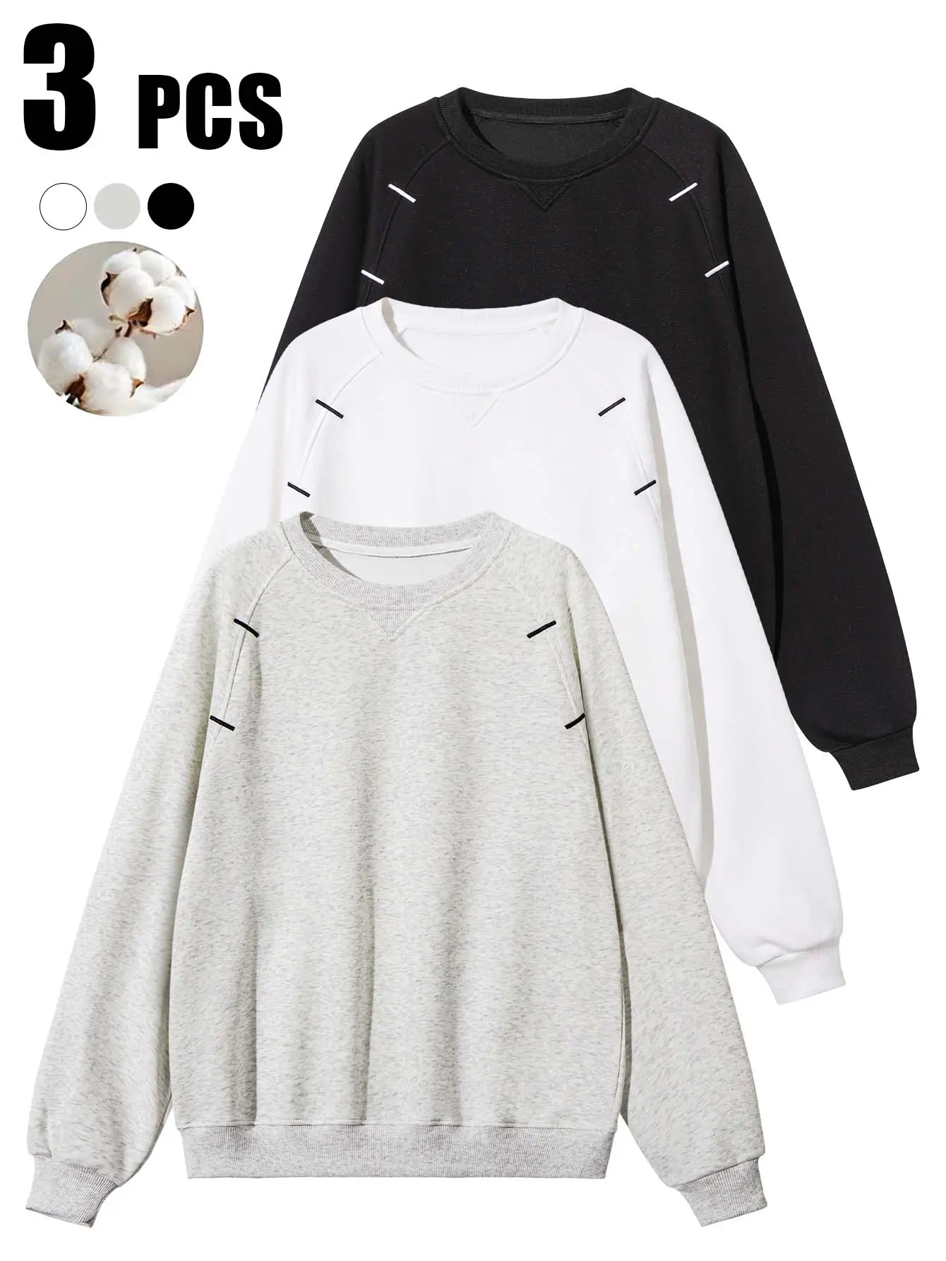 Men’s 3-pack crewneck sweatshirts with contrasting stitching, raglan sleeves, loose casual pullover design
