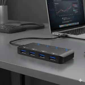 Ultra-Thin Portable USB 3.0 Hub: 4-Port High-Speed Data Transfer Hub with Individual Power Switches & LED Lights. Perfect for Multi-Device Charging and Expansion.