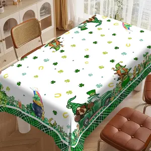 Saint Patrick Theme Printed Tablecloth, Lucky St Patricks Day Shamrock Leprechaun Decorative Rectangular Square Table Cover, Holiday Party Outdoor Kitchen Accessory Gift