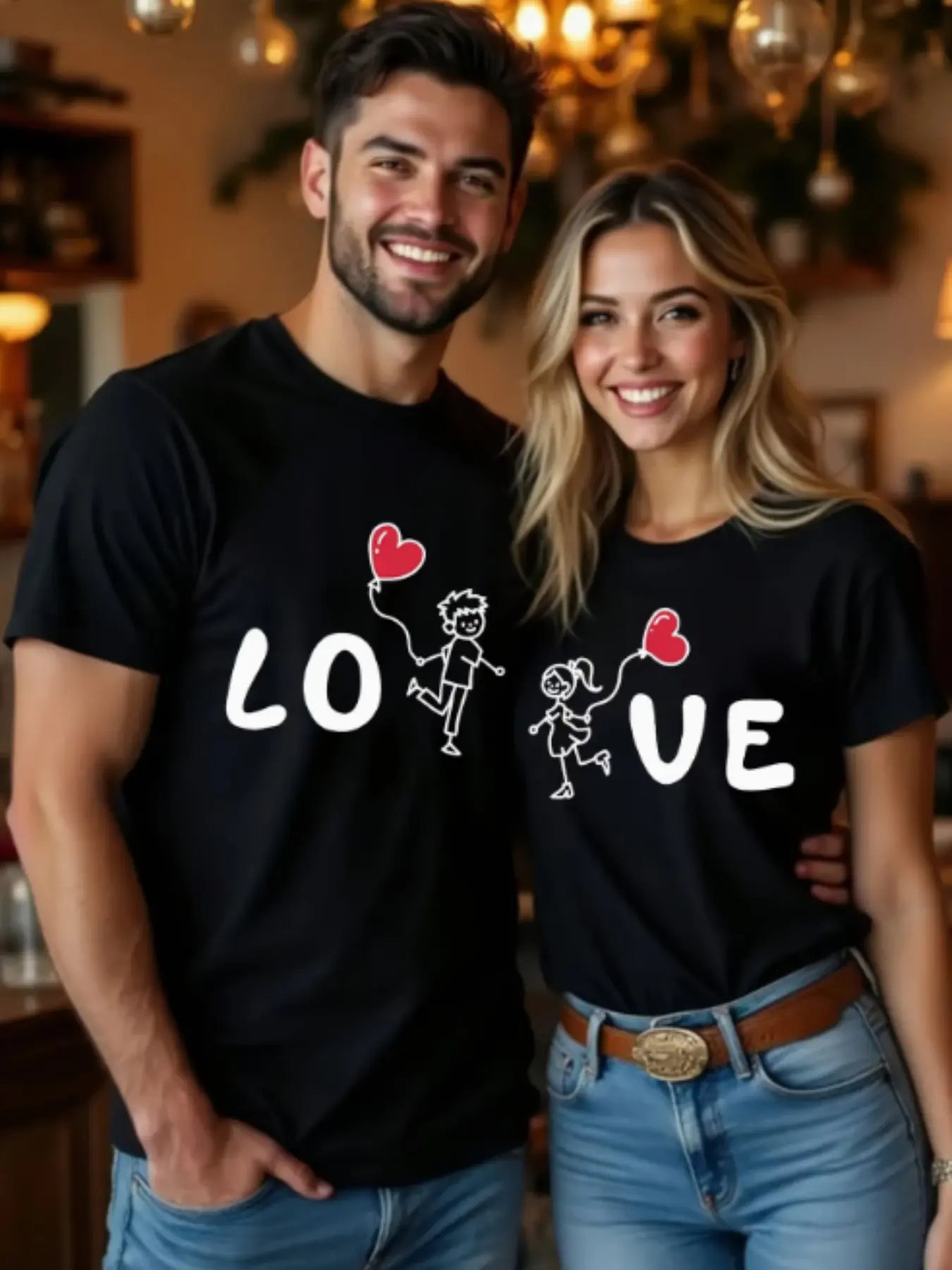 Love Print Matching Couple Top, Lightweight Polyester Shirt, Casual & Formal Wear, Unisex Graphic Tee, Perfect Gift for Boyfriend