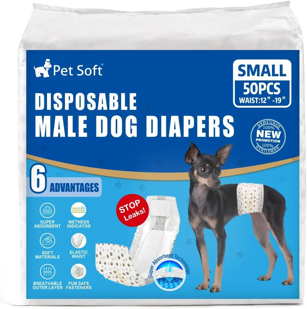 Pet Soft Disposable Male Dog Wraps - Ultra-Absorbent Dog Diapers with Wetness Indicator, Elastic Waist, XS Waist Fit, Easy to Take On and Off, Brown Paws Pattern, for Incontinence, 20pcs XSmall Pet Nappies for Travel, 6" To 13" Waist