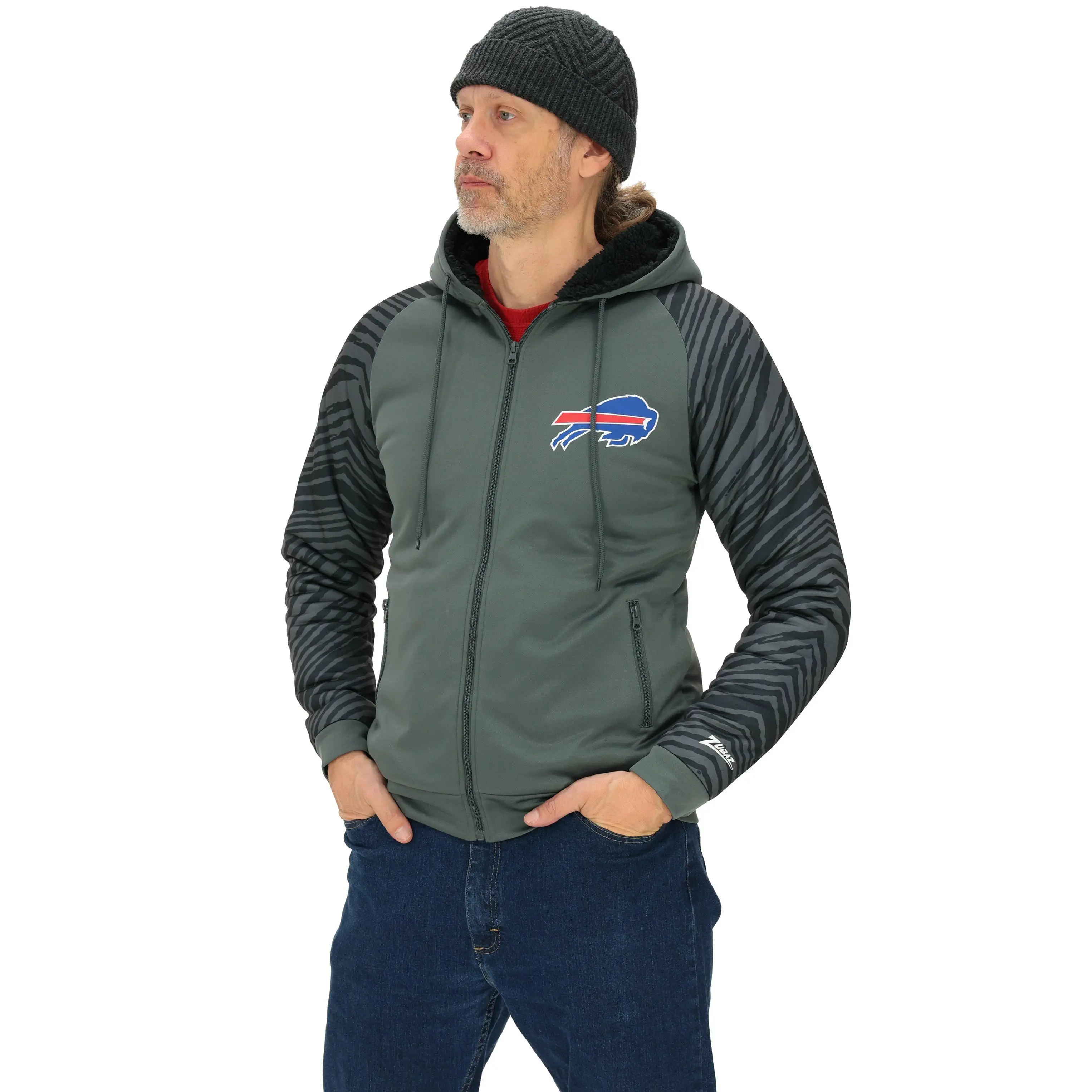 Zubaz NFL   Men's Charcoal Tonal Zebra Sherpa Lined Raglan Full Zip Hoodie, BUFFALO BILLS