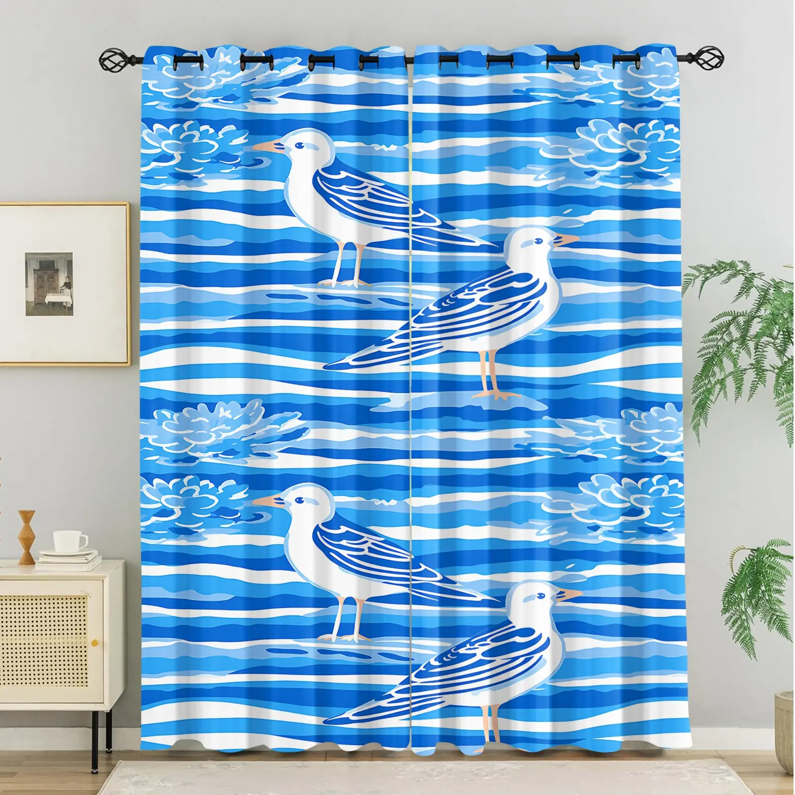 Nautical Seagull Pattern Curtains, Light Blocking Privacy Protection, Soft Fabric, for Bedroom, Living Room, Beach House, Bathroom, Multiple Sizes Available, Great for Nautical Lovers. 2 Pack, Lightweight and Easy to Hang