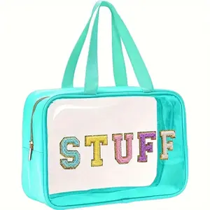 Large Capacity Transparent PVC Makeup Bag with Fun Embroidered STUFF Letters, Transparent Vanity Bag, Durable Travel Organizer for Beach and Wash Use, Stylish Storage Solution for Adults, Travel Cosmetic Bags