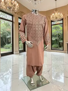 Men’s Tan Parahan Tumban with White & Tan Embroidery Afghan Kameese shalwar
