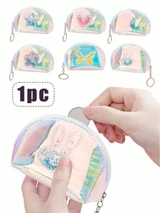 Half Moon Shell Coin Purse, Butterfly Flower Heart Star Rabbit Design, Colorful Sand Pattern, Transparent Laser Keychain Bag, Large Capacity Wallet