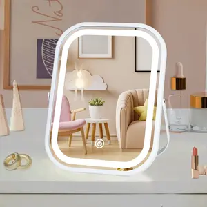 Mirror with Lights 6x8 Inch, Rechargeable Makeup Mirror for Desk, 3-Color Lighting & Touch Control Tabletop Mirror Lights, Portable Cordless Travel Mirror