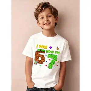 Birthday Edition Summer Boys' Fashion Short-Sleeve T-Shirt "I WAS 6 NOW I'M 7" Birthday Cake Pixel Element Cartoon Pattern Print Outdoor Casual Top NY-DX8580