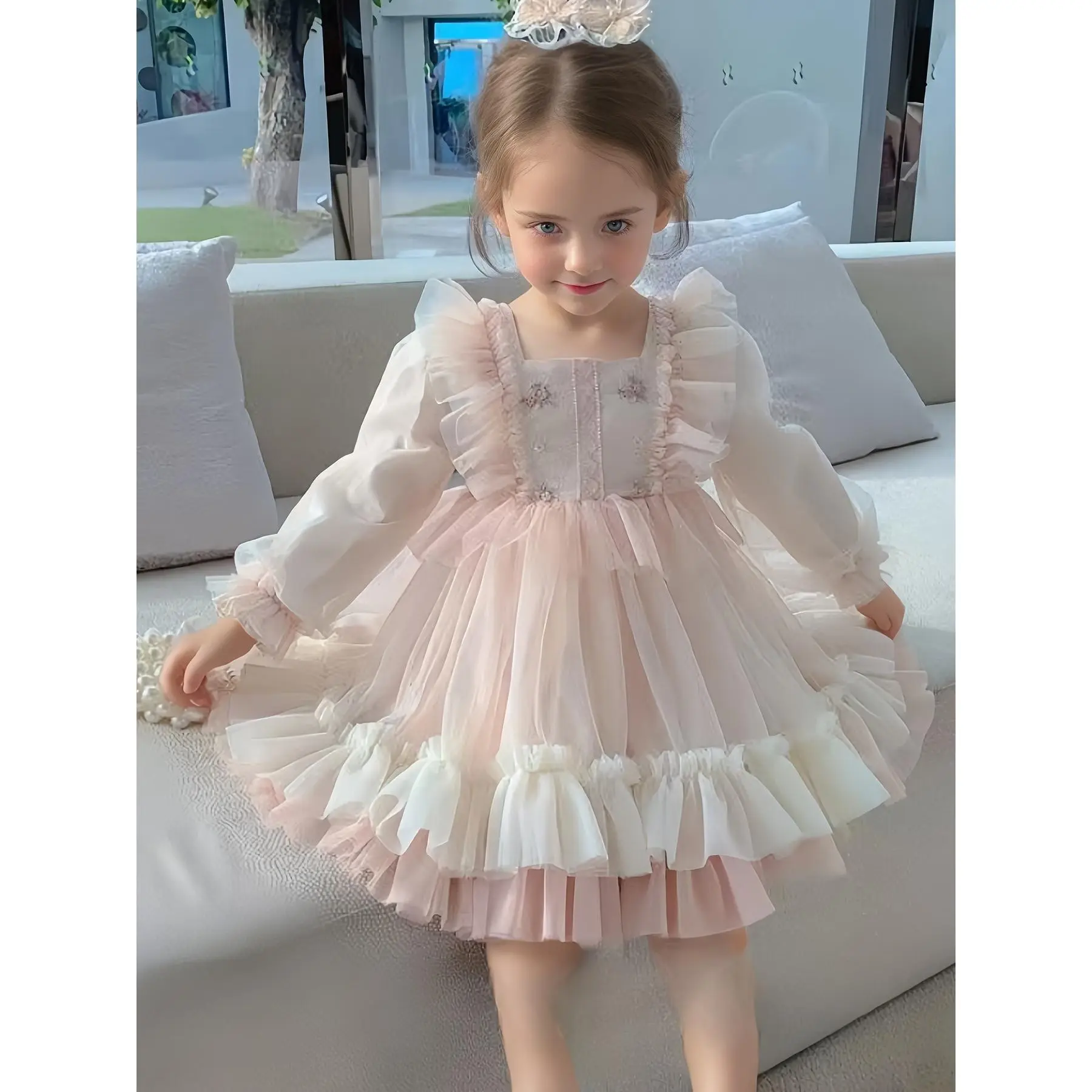 Girls Gradient Pink Tulle Princess Dress, Ruffle Strap Sheer Puff Long Sleeve Rhinestone Bodice Multi-Layer Ruffle Hem Fluffy Ball Gown Kids Birthday Party Tutu Dress # Girls Daisy Smocked Ruffle Dress # princess style formal gown # spring birthday dress