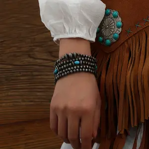 Vintage Navajo Pearl Bracelet Ensemble 5pcs Set with Square Turquoise Beads Brushed Chic Finish CCB Stacking Design for Western Glam Unisex Trendy Bangles Modern Fashion Accessories
