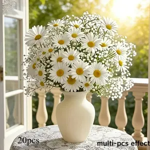 20pcs High-End Luxury INS Style Chamomile Daisy Artificial Flower Bouquet, Baby's Breath Faux Flowers, Suitable for Tabletop Living Room Home Photography Decor, Valentine's Day, Birthday, Graduation Gift