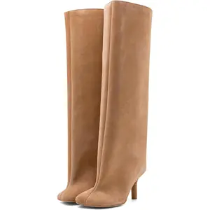 SUNDAY MIRTH Women's Knee High Suede Boots for Women Wide Calf Square Toe Stiletto Heels Tall Boots Pull On High Heel Long Booties