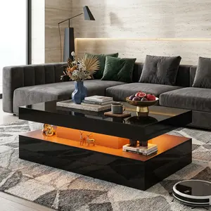 Modern LED Coffee Table, High Gloss Finish Center Table With 2-Tier Storage, Minimalist Coffee Table For Living Room, Stylish Home Accent Table