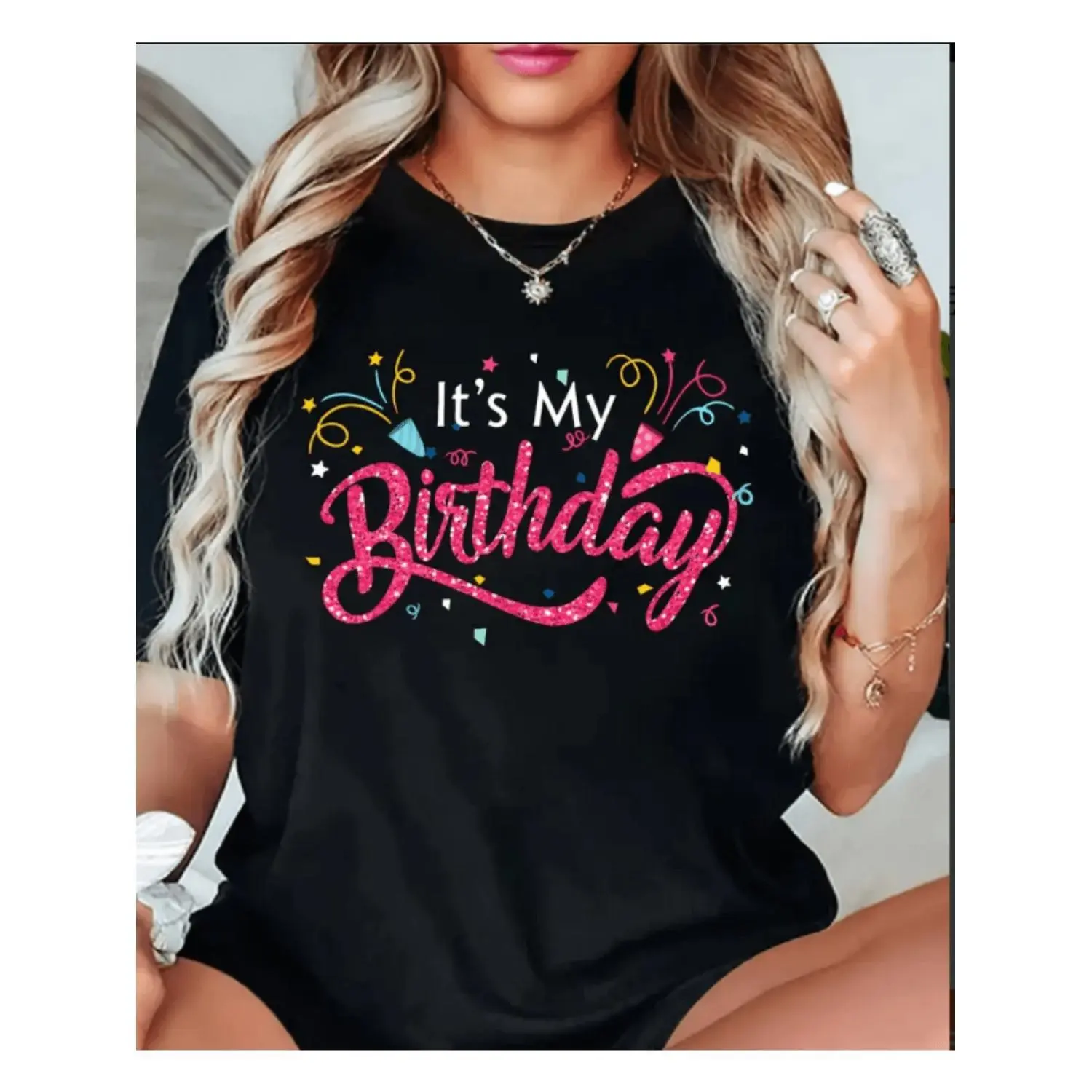 Women's "This is my Birthday" T-Shirt - Short Sleeve Round Neck Loose Fit Top with Birthday Print for Summer Parties & Casual Attire - Casual Birthday Outfit for Women