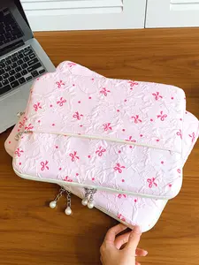 Korean Style Pink White Black Crinkled Bowknot Embroidery Laptop Sleeve For 13 14 15 Inch With Pearl Zipper